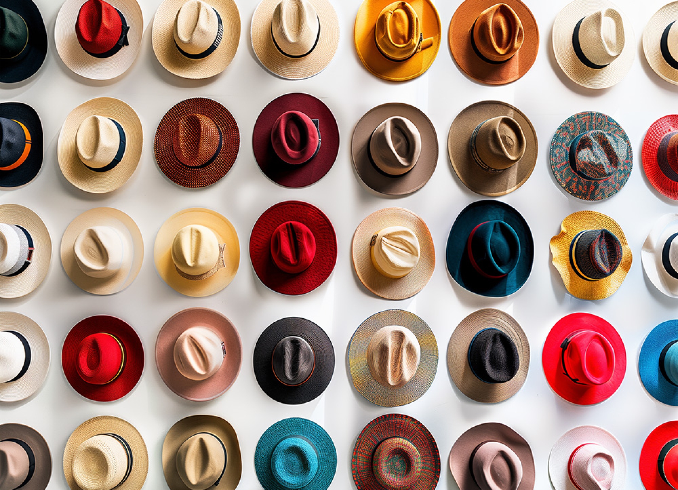 Rows of different hats on white background