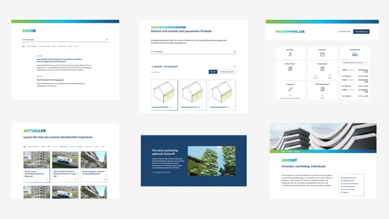 Bildschirme mit verschiedenen Website-Elementen auf grauem Hintergrund.