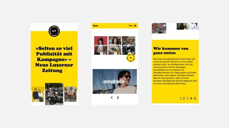 Drei Smartphone-Bildschirme zeigen das ROD Agency-Team, ihre Projekte und ihre Werte.