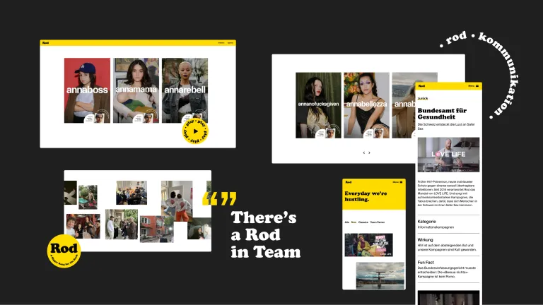 Eine Gruppe von Bildschirmen zeigt die verschiedenen Module und Elemente der Website der ROD Agency.