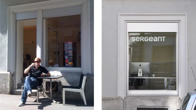 CEO Michel enjoying coffee in front old office