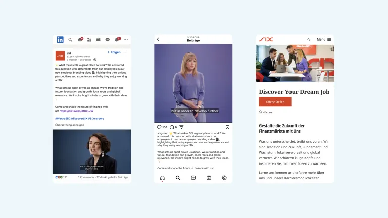 Drei Bildschirme zeigen einen LinkedIn-Beitrag der Employer-Branding-Kampagne von SIX.