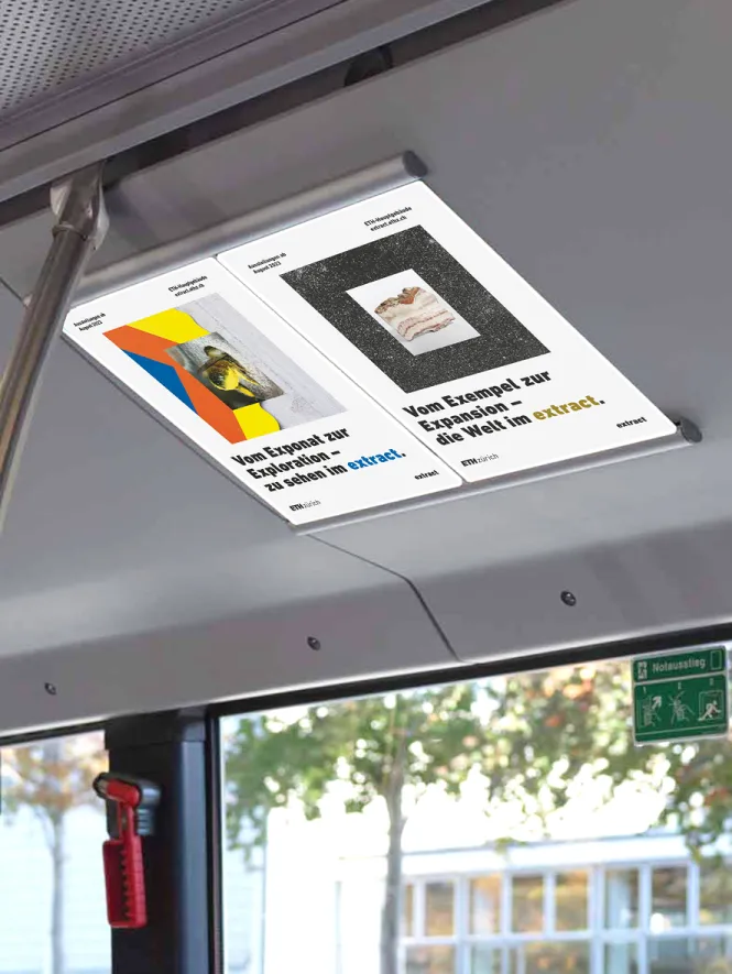 ETH Extract advertising flyer displayed in a bus 