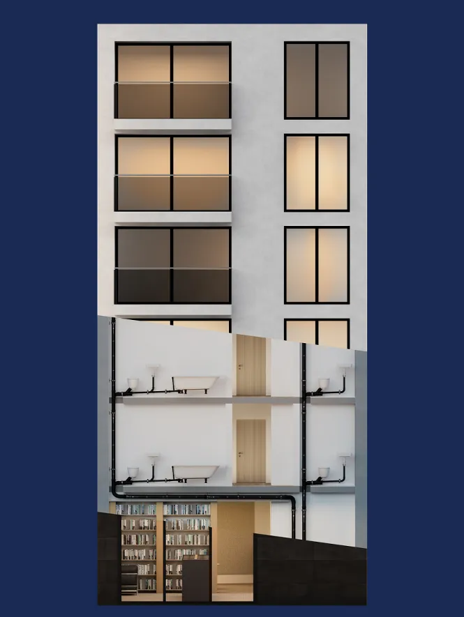 Schnittdarstellung eines Gebäudes mit mehreren Etagen, die Badezimmer und sichtbare Rohrleitungen zeigt