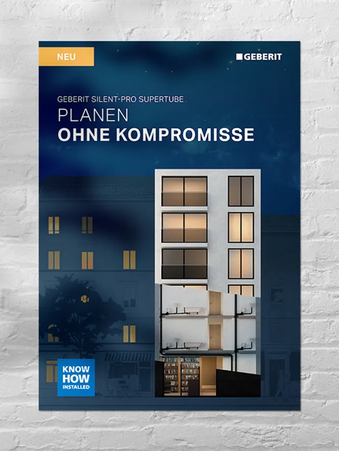 Poster der ‚Super Tube‘-Kampagne mit einer Schnittdarstellung eines Gebäudes mit mehreren Etagen