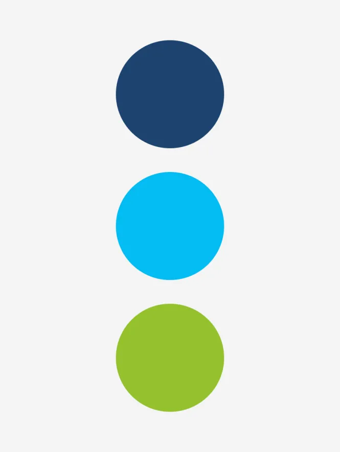 Ein dunkelblauer, hellblauer und grüner Punkt auf grauem Hintergrund.