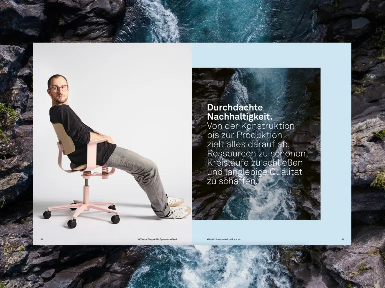 A man is sitting relaxed on the WiChair by Wilkhahn. Next to him is a product description set against a background of water and rocks.