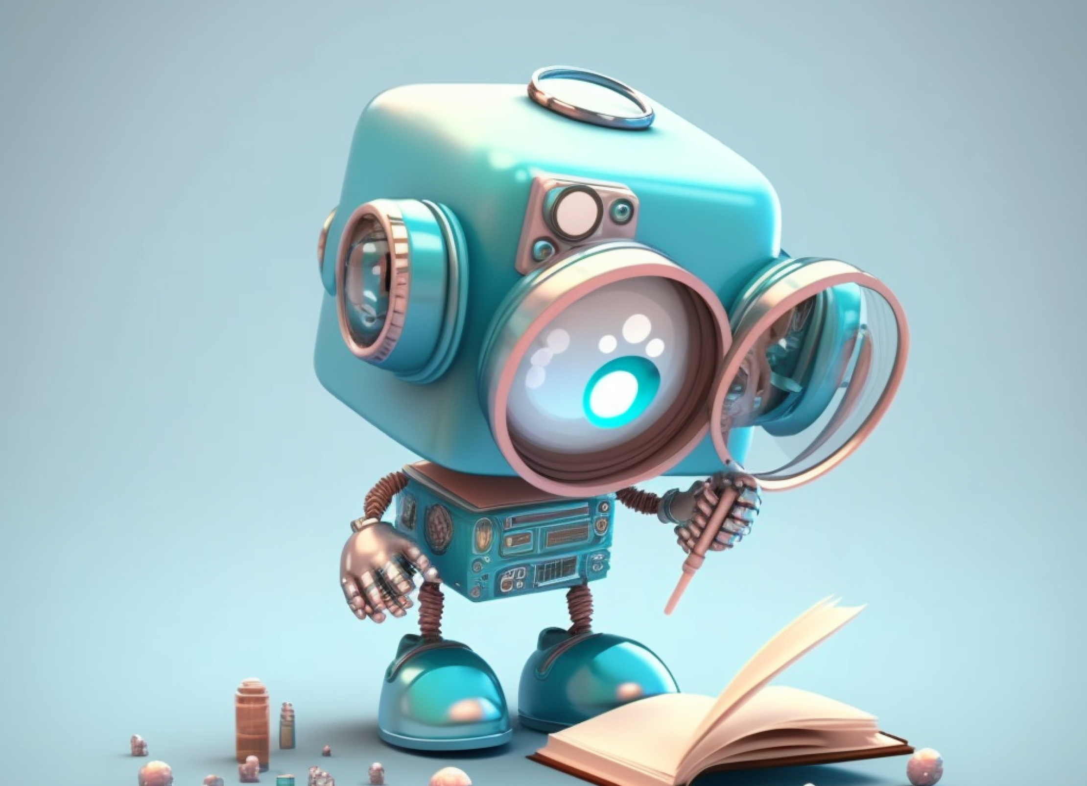 Cute, small AI robot reading a book with a magnifier.