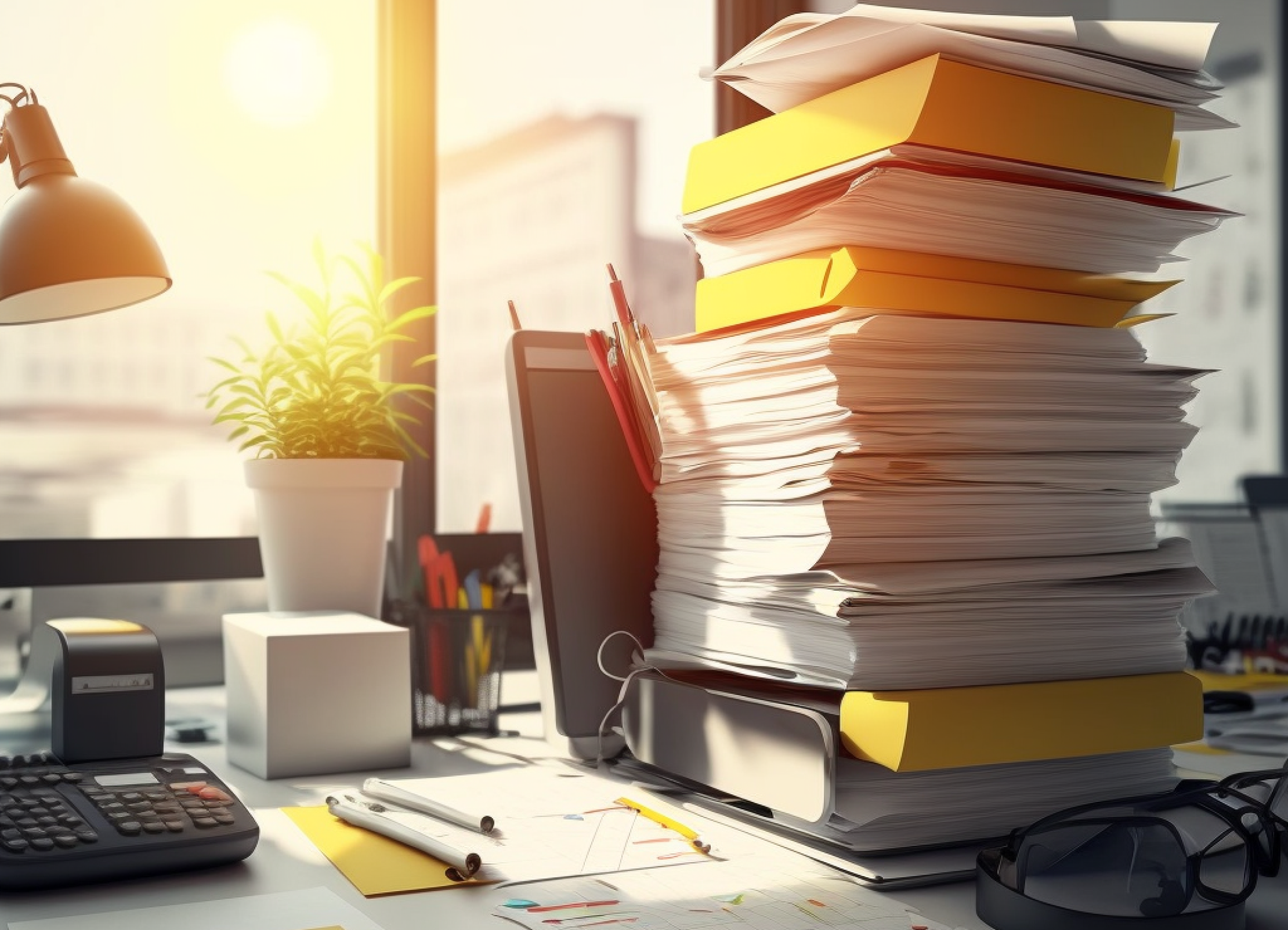 A pile of documents on an office desk.
