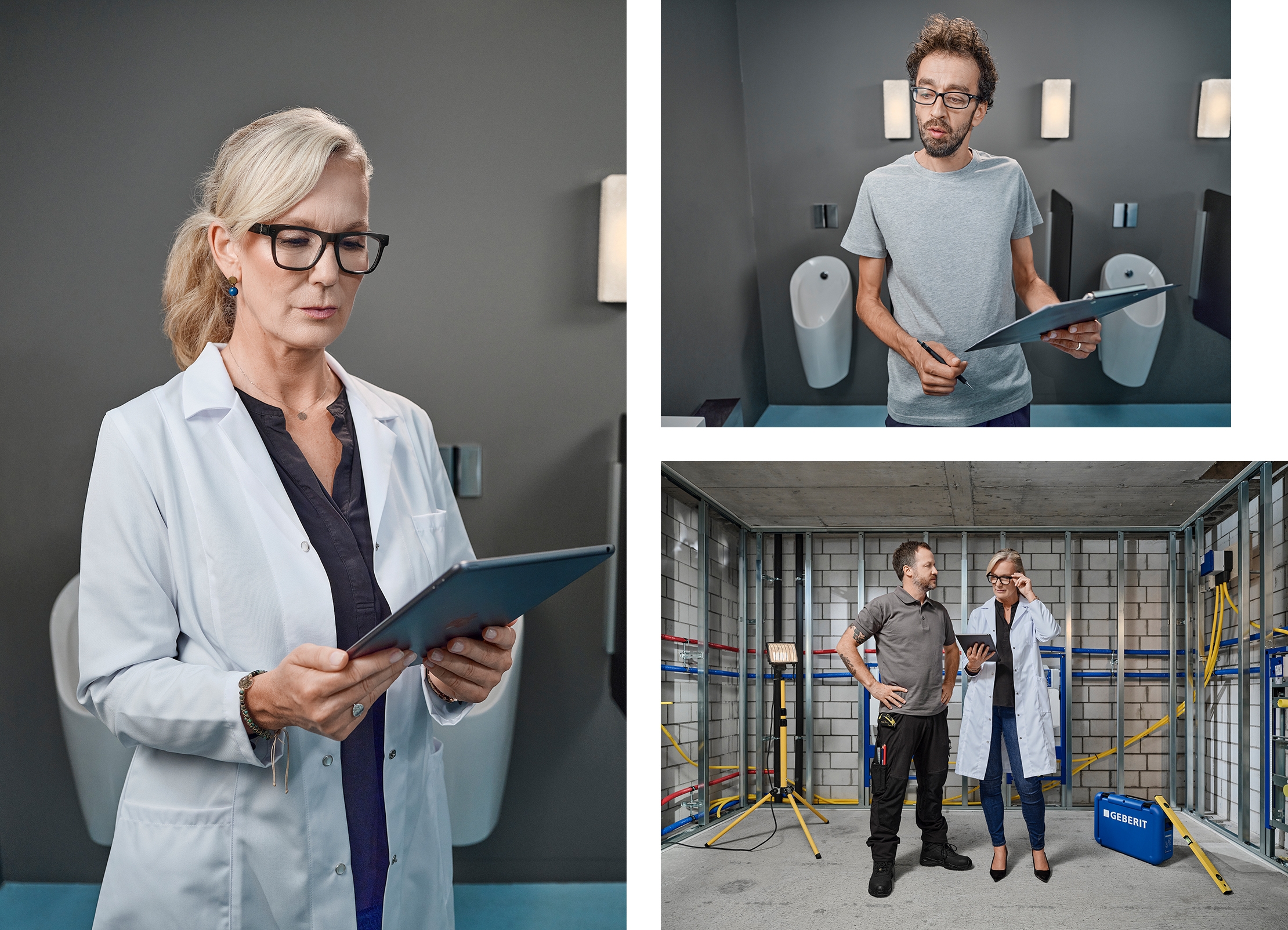 collage of a woman in a lab coat, a man holding a tablet in front of urinals and another man and the lab woman on a construction site