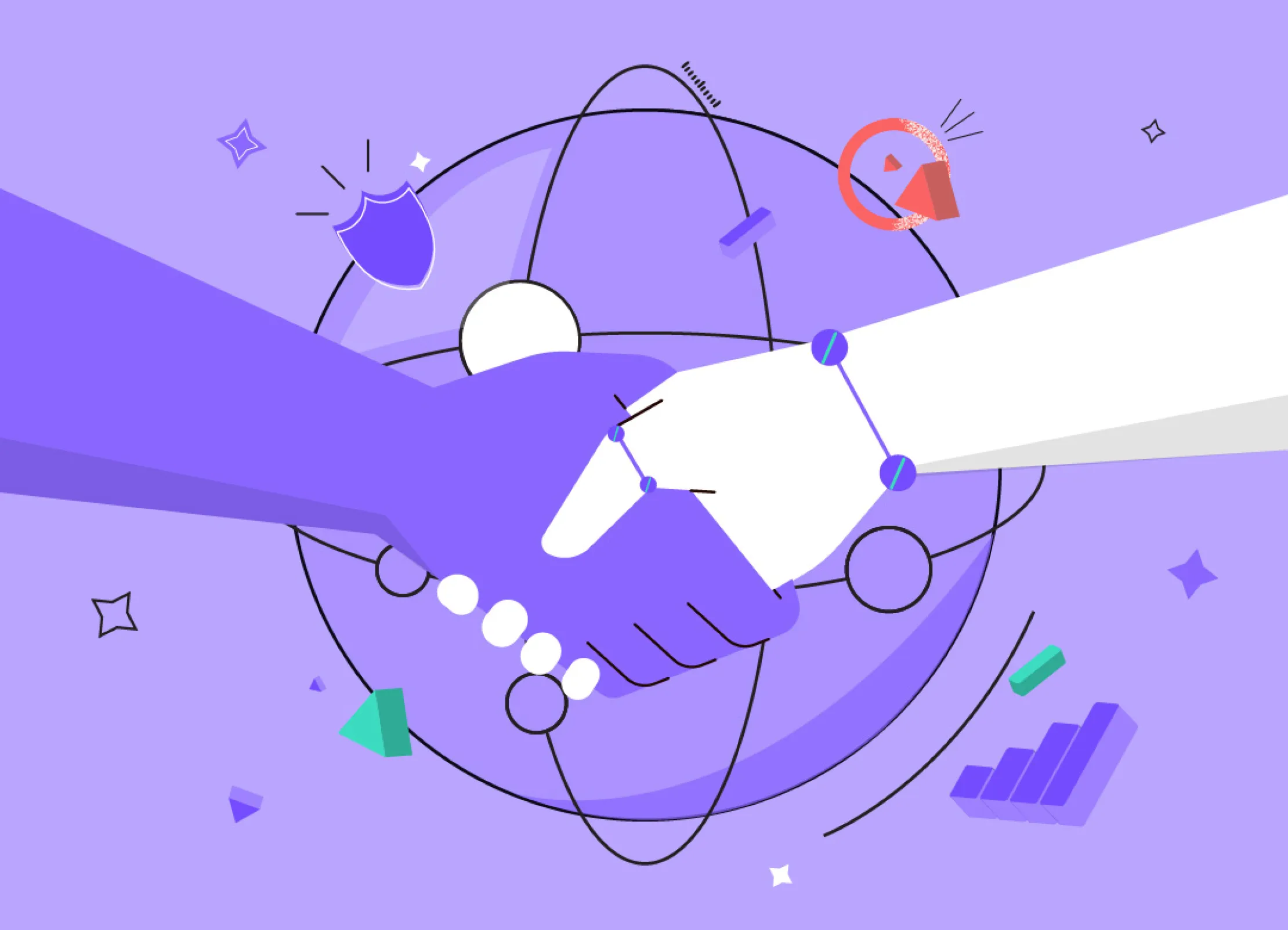 Illustration of a human and a robot hand shaking in front of a stylized planet, with small floating elements in the shape of starts, triangles and bar graph floating around them