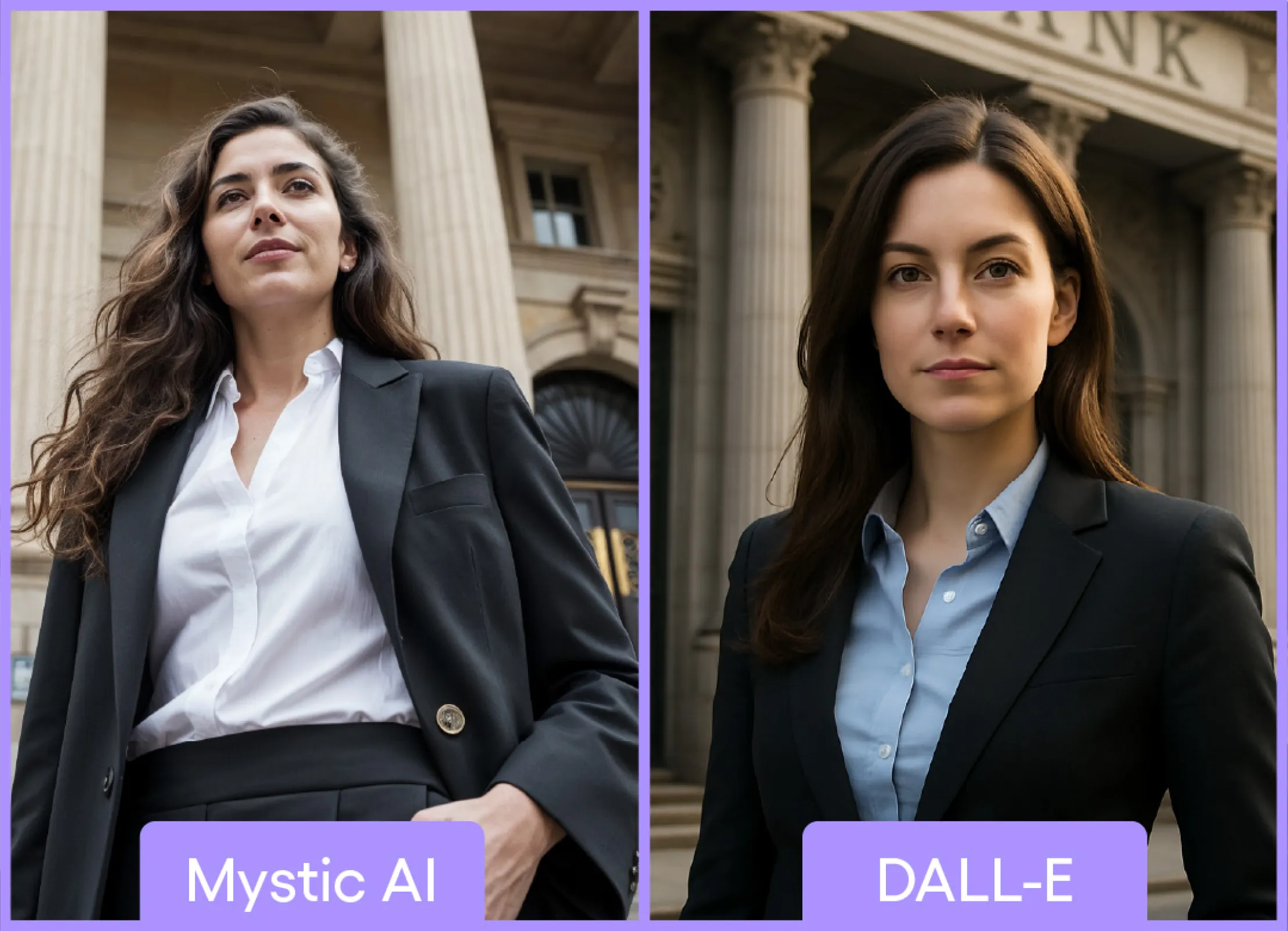 AI-generated portraits of two women in business attire standing in front of banks, comparing Mystic AI (left) and DALL-E (right).          Ask ChatGPT