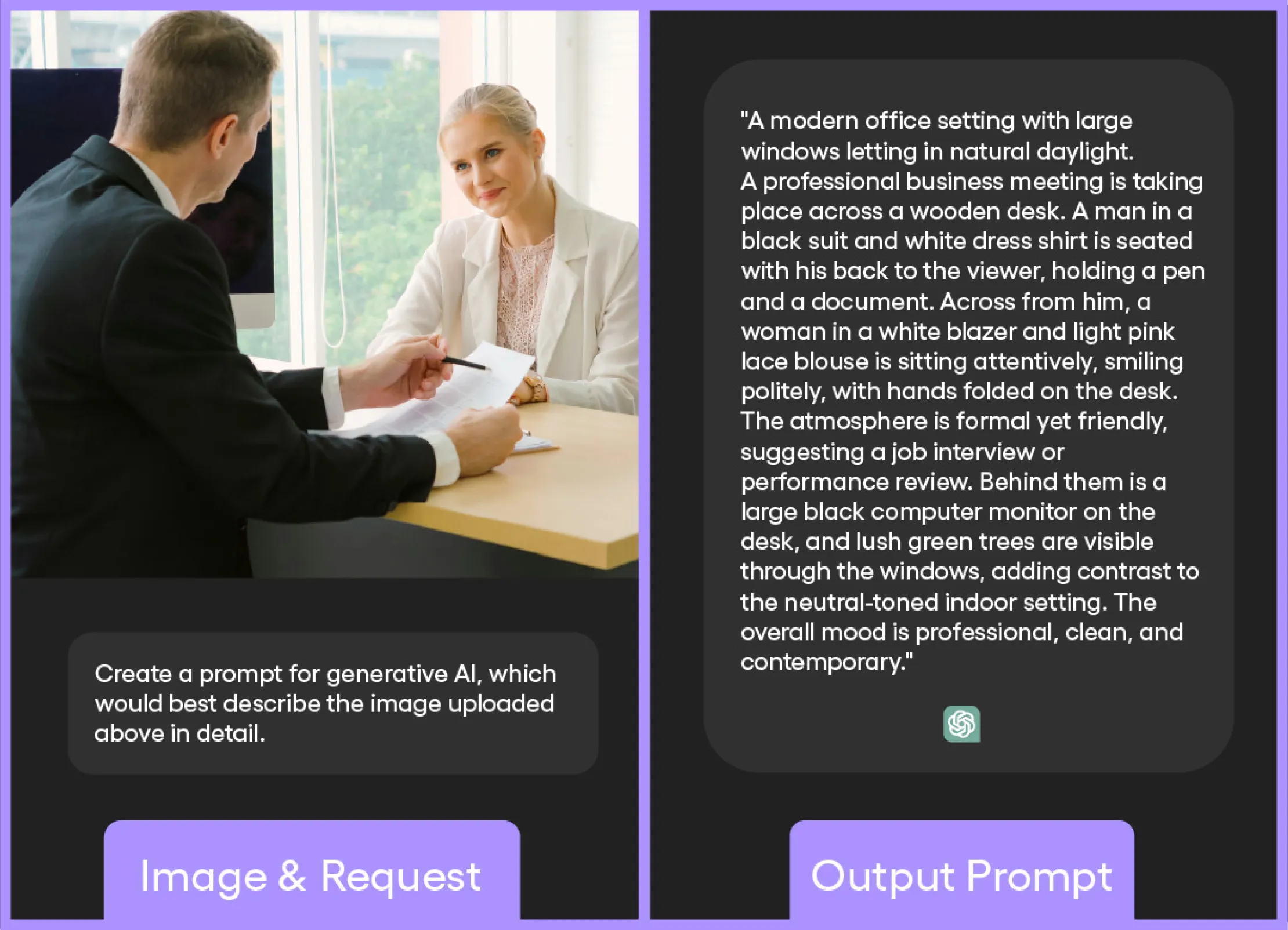 Side-by-side image showing a business meeting photo on the left and a detailed AI-generated prompt describing it on the right.