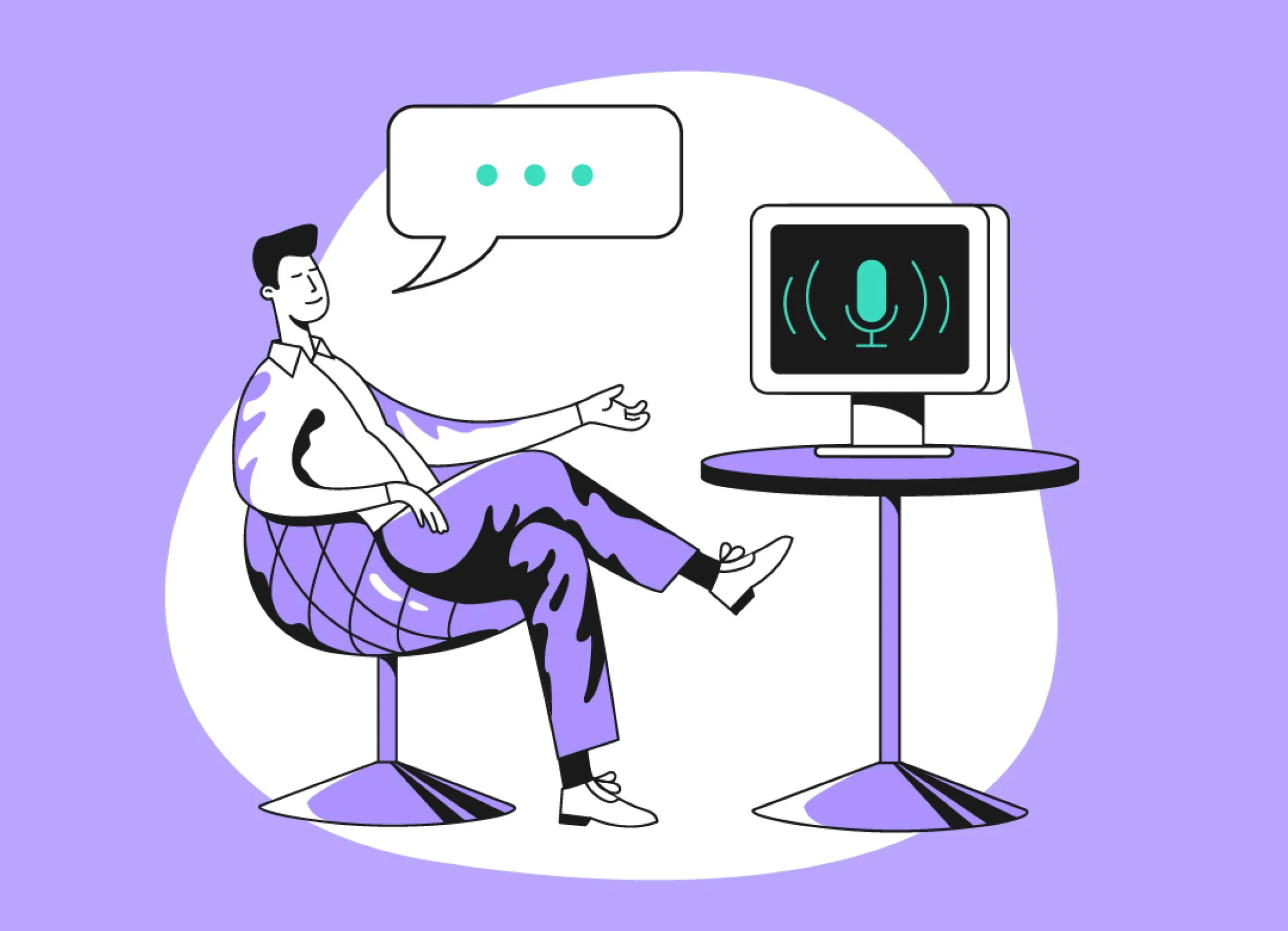 Illustration of a person sitting and speaking to a computer displaying a microphone icon, symbolizing voice-based AI prompting.