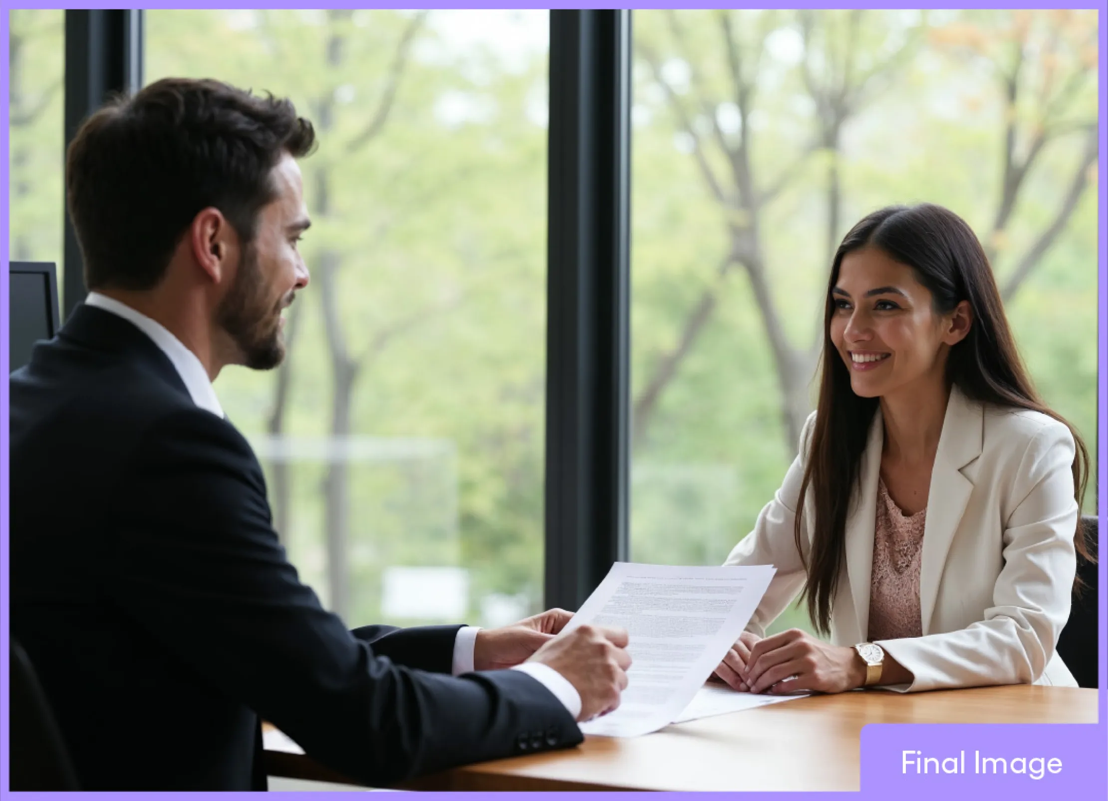 Final retouched image of a man and woman in a professional meeting at a desk, with clear details and vibrant lighting in a bright office setting.