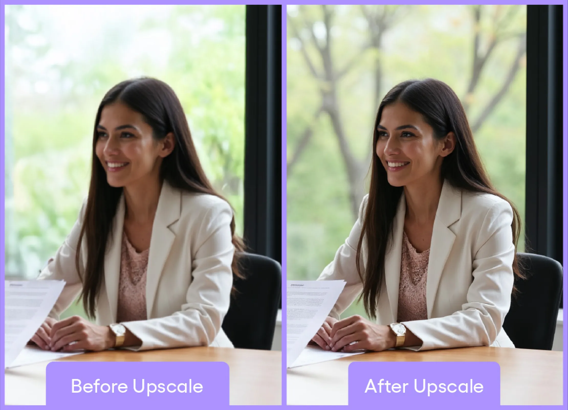 Side-by-side comparison of a woman in a white blazer before and after image upscaling, showing improved sharpness and detail in the "After Upscale" version.