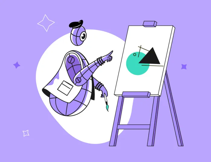 Illustration of a robot wearing a beret and artist smock painting abstract geometric shapes (a red circle, black triangle, and lines) on a canvas mounted on an easel, against a purple background with star-like accents.