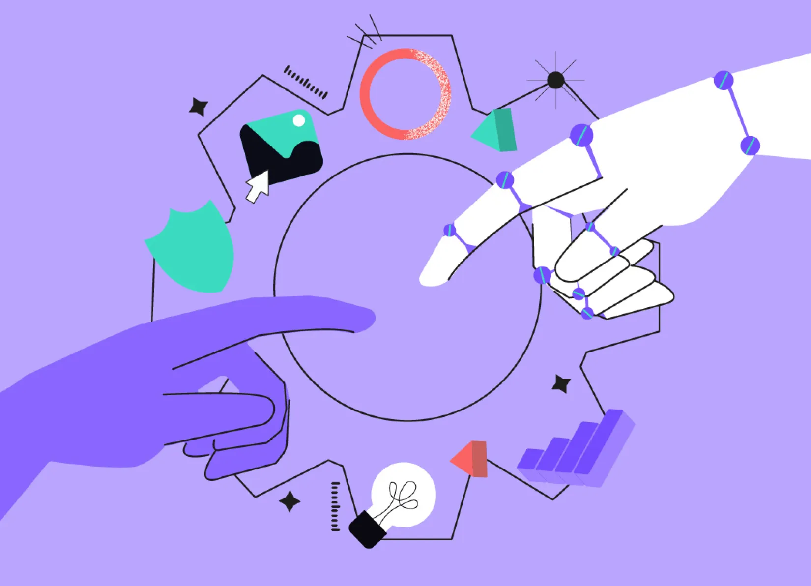 human and robot hand reaching out to each other with creative elements in the background