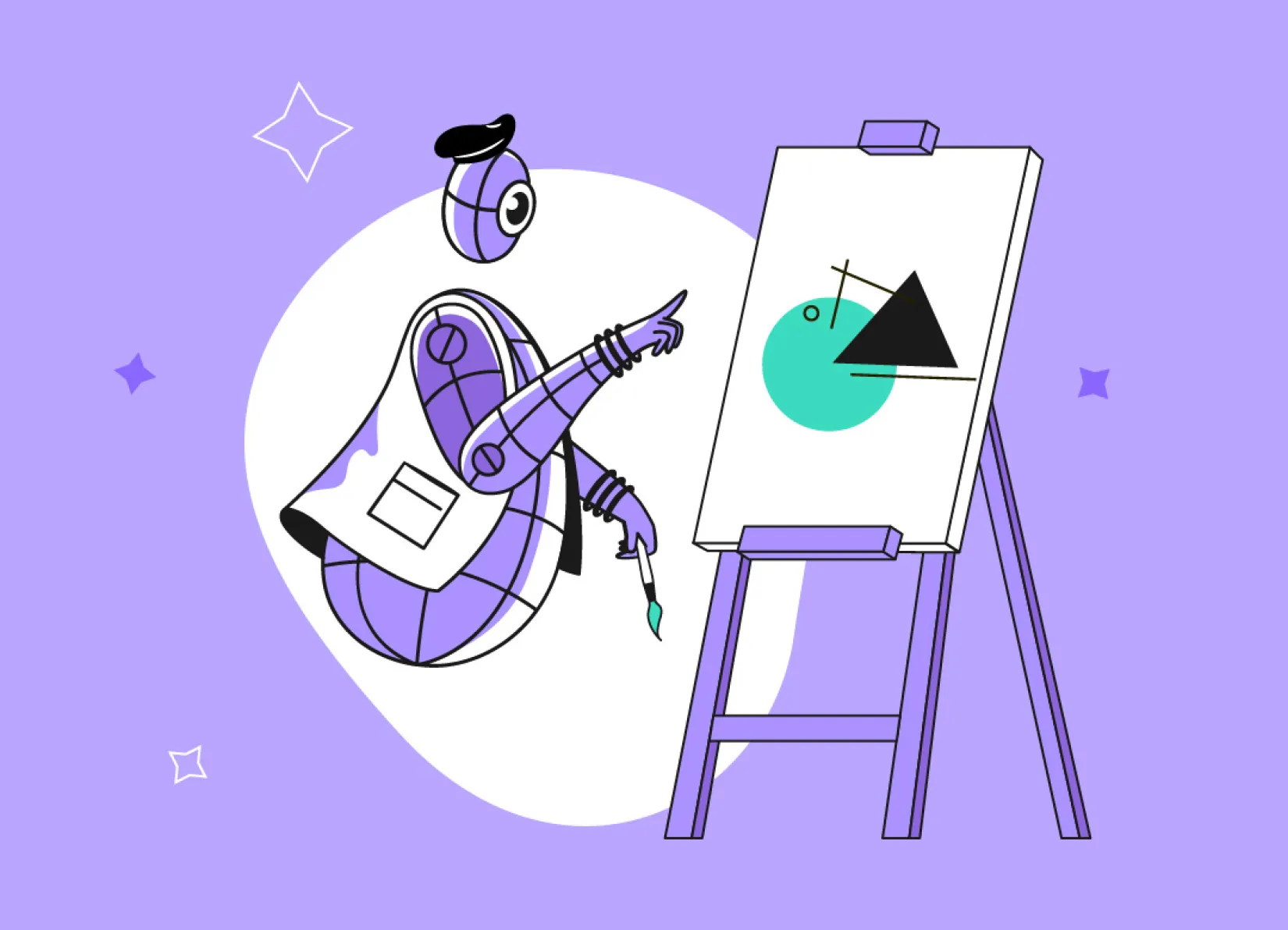 Illustration of a robot wearing a beret and artist smock painting abstract geometric shapes (a red circle, black triangle, and lines) on a canvas mounted on an easel, against a purple background with star-like accents.